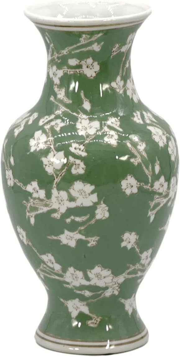 Galt International Floral Chinoiserie Ceramic Vase 14" - Green Sakura Hand Painted Antique Style Porcelain Flower Bottle Fishtail Porcelain Chinese Vase for Home Decor Centerpiece