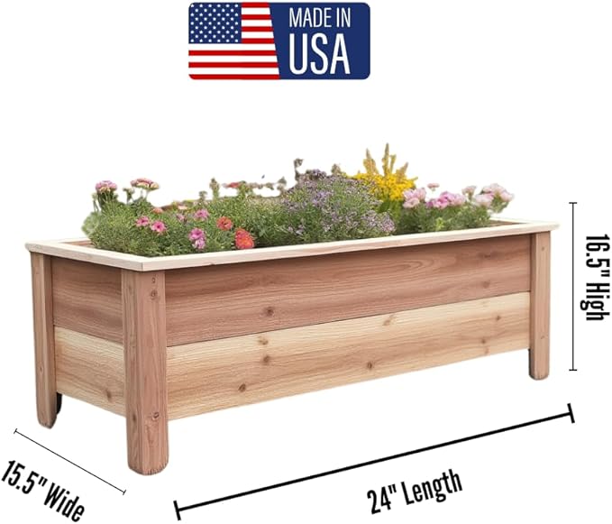 Handmade Custom Heavy Duty Rectangular Raised Cedar Wood Garden Planter Box – 46", 36", 24" – Indoor/Outdoor Farmhouse Style for Flowers & Vegetables – Made in USA (24" L x 15.5" W x 16.5" H)
