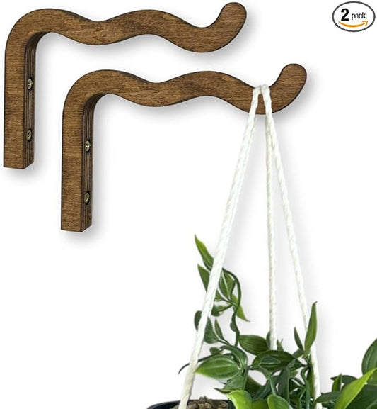 2-Piece Set of Wavy Wooden Wall Planters for Indoor Plants 6 Inch - Natural Plant Hook for Wall Plant, Wind Chimes, Flower Brackets, Patio Garden Decorations - Bracket Plant Hanger (Walnut)