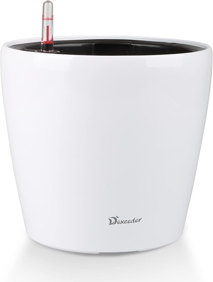 Dexceder 11x10 Inches High Gloss Self Watering Planter Indoor Outdoor, Inner Pot Design, Thickened Table Flower Plant Pot with Water Level Indicator (White)