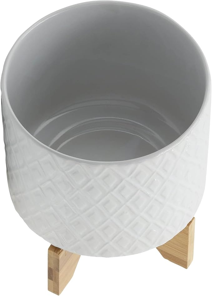 8" Ceramic Planter Stand, White Diamond Design with Wooden Base, Indoor/Outdoor Planter with Stand for Your Succulents and Small Plants