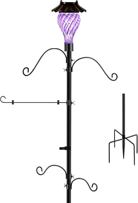 Solar Shepherds Hooks with Hand Blown Glass Lamp, Decorative RGB Lights, 4 Hooks & 1 Flag Holder, Heavy Duty Stand for Hanging Hummingbird Feeder, Bird Feeder, Plant, Landscape Light (Purple)