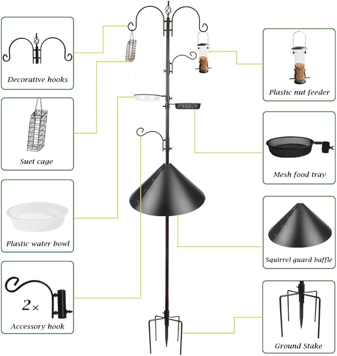 Deluxe Bird Feeding Station Kit - Wild Bird Feeder Hanging Pole With Multi Feeder, Suet Cage, Planter Hanger, and Squirrel Guard Baffle for Attracting Birds