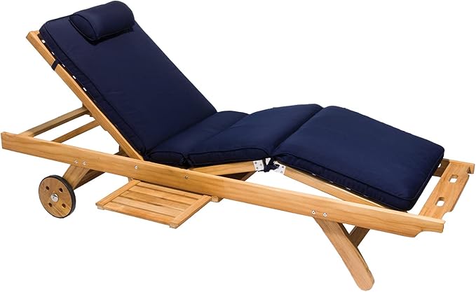 3-Piece Teak Patio Conversation Set with Sun Bed Loungers & 20-Inch Square Folding Picnic Table (P143NA), Navy Sun Bed Cushions