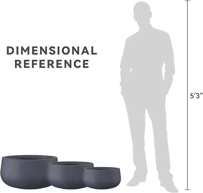 Kante 19.6",15.7",11.8" Dia Round Concrete Planters Set of 3, Outdoor Indoor Garden Plant Pots with Drainage Hole and Rubber Plug, Modern Curvaceous Design, Charcoal