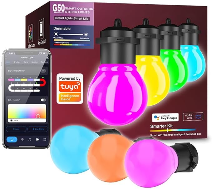 Smart Outdoor String Lights 20FT 20PCS G50 Led Bulb Outdoor APP& Remote Control Dimmable Music synic Timer speedness for Vacation Daily Camping Garden Yard Party Wedding Home Decoration