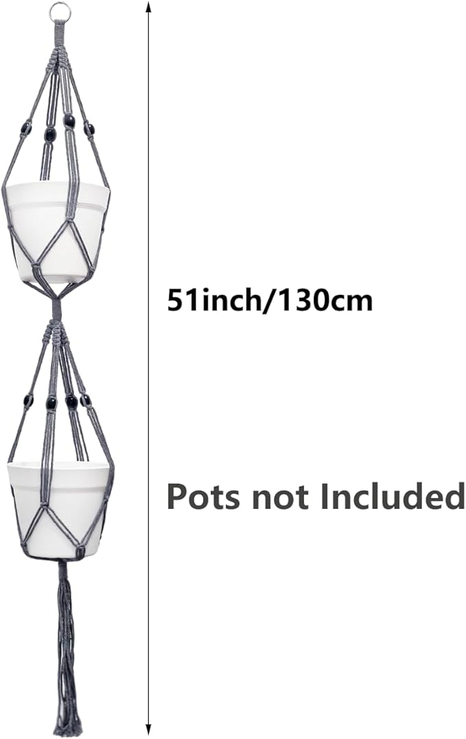 Belit 2 Pack Double Macrame Plant Hangers 2 Tier Hanging Planter Basket Decorative Flower Pot Holder Rope for Indoor Outdoor Home Decor 51 Inch, Grey