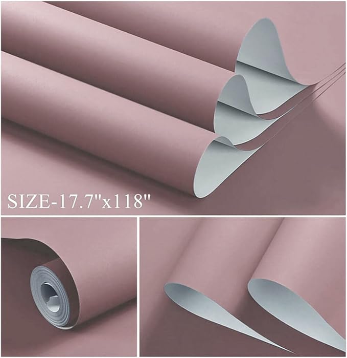 Dimoon 110''x17.7'' Pink Peel and Stick Wallpaper Contact Paper Modern Self Adhesive Wall Paper Removable Renter Friendly Textured Solid Color Shelf Cabinet Vinyl Roll (110''x17.7'',Grey Pink)