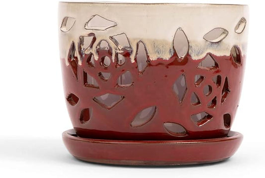 rePotme Orchid Pot - 5 inch Floral Cutout Ceramic Orchid Pot with Holes (Cream Over Garnet) - Includes Free 5 inch Slotted Pot Liner