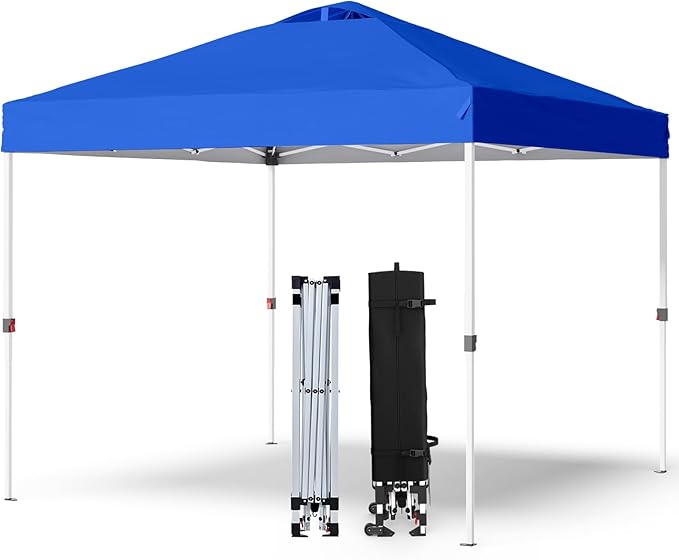 Shades 10x10 Pop Up Canopy with One Push Setup,Heavy Duty Beach Tent with Wheels for Easy Moving, Sun Shelter for Parties,Events, Outdoor Gazebo with 420D Coated Waterproof Blue Fabric