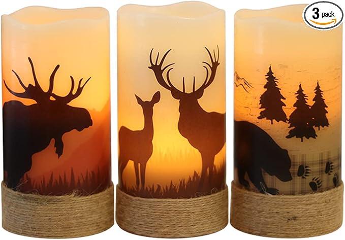 Flickering Flameless Candles with 6H Timer, LED Warm Light Pillar Candles Battery Operated Real Wax with Hemp Rope, Deer, Moose, Bear, Home Table Decoration for Wedding Party