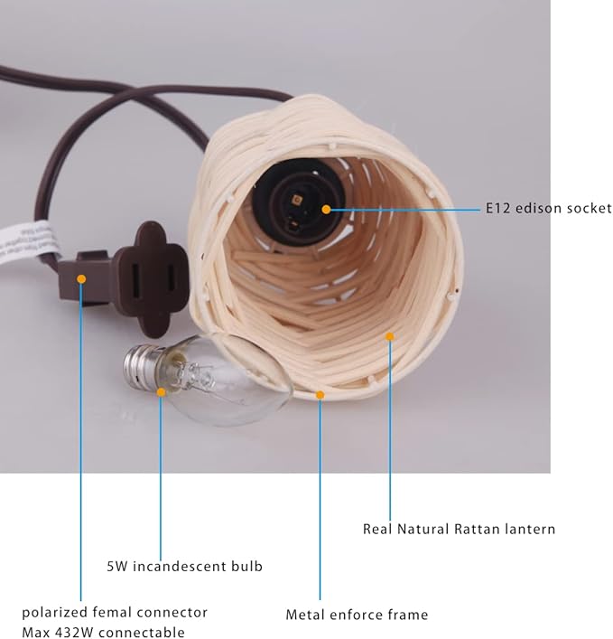 Natural Rattan String Lights, 10 Rustic Raffia Cage,10 Ft Plug in & Connectable Wicker Lights, Rustic Farmhouse Style for Room,Garden,Deck,Patio Decorations, Natural Color Rattan