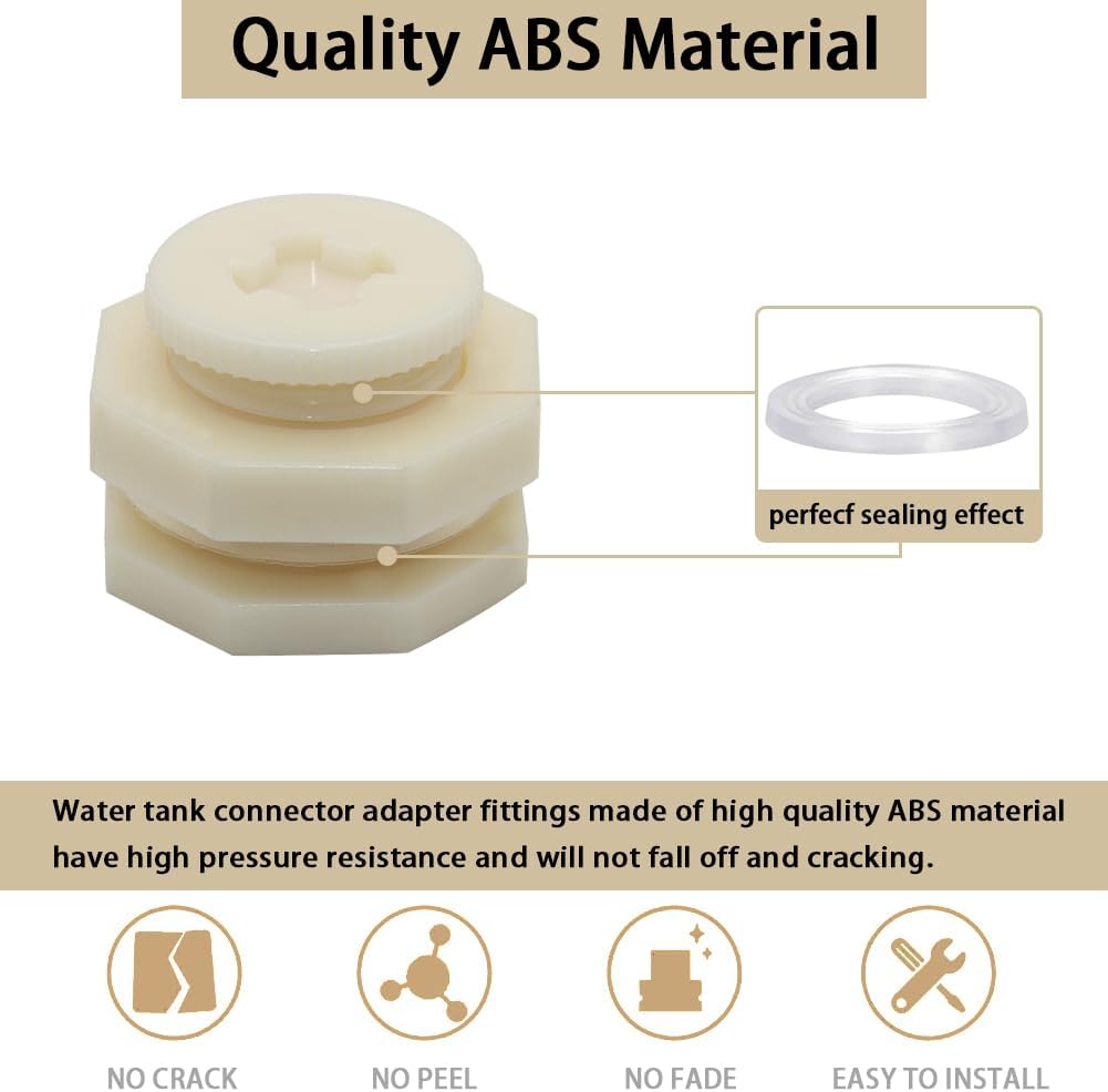 1" Female ABS Bulkhead Fitting, Plastic Water Tank Connector Adapter Fitting with Plugs for Outdoor rain Barrel Garden Hose Adapter Spigot kit Water Tank Gallon Drain Bucket(Set of 2)