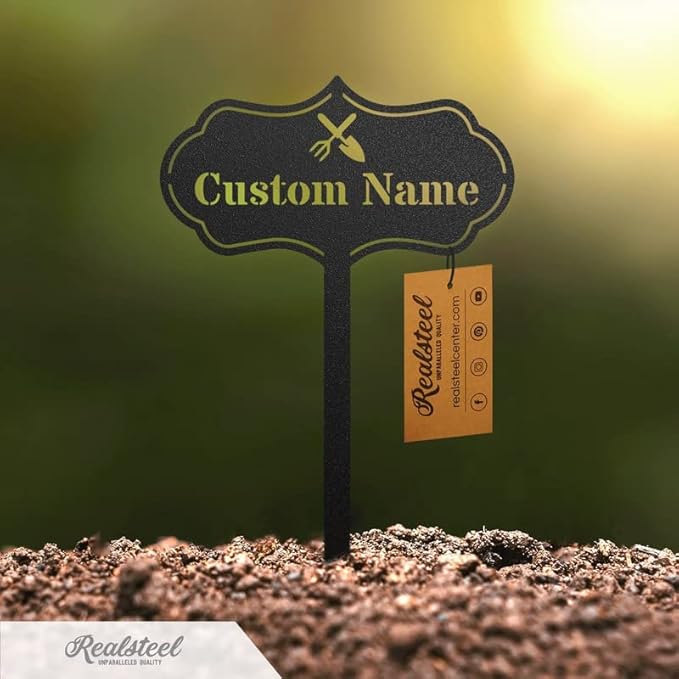 RealSteel – Customizable Seed & Plant Markers - Outdoor Herb Garden Stakes - Elegant Fruit/Vegetable Labels - Steel Plant Tags for Pots - Classy Design for Farmhouse/Greenhouse – Watering Can Icon
