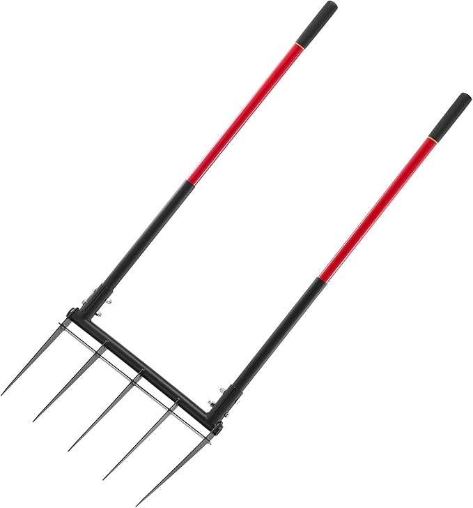 VEVOR Broad Fork, 5-Tine Pitchfork with Dual Fiberglass Handles, Heavy Duty Garden Fork, Ergonomic U-Shaped Design Broadfork Hand Tiller, Gardening Tool for Composting Transplanting Aeration