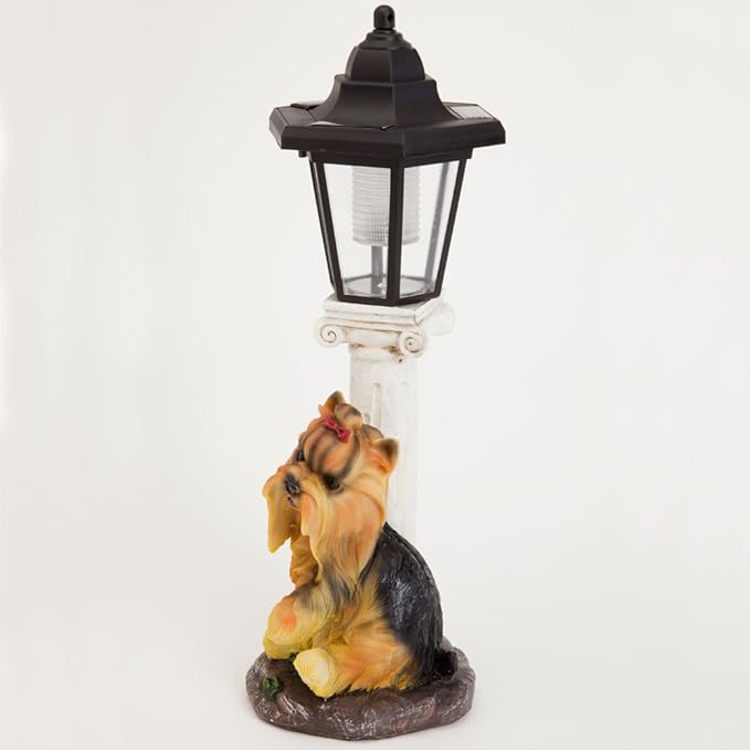 Bits and Pieces - Solar Yorkie Lantern-Solar Powered Garden Lantern - Resin Dog Sculpture with LED Light