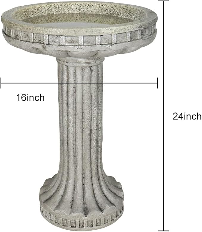 SunJet 24” H x 16” Dia Outdoor Birdbath with Classical Pedestal - Fibre Reinforced Concrete Birdbaths, Vintage Design for Garden Decor & Bird Attraction
