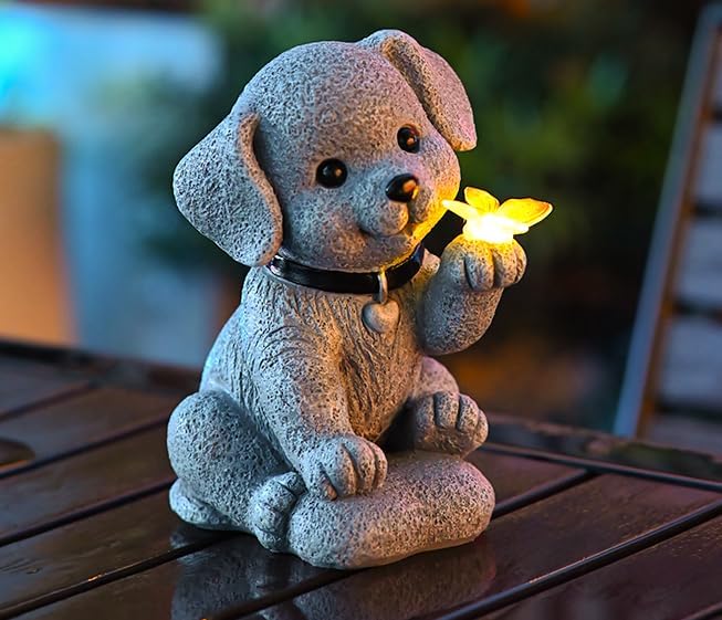 MeritMode Solar Dog Garden Statue with Butterfly Lights - Waterproof Outdoor Statue Decor for Patio, Lawn, Balcony, for Mom, Grandma, Women on Mother’s Day, Father’s Day, Housewarming