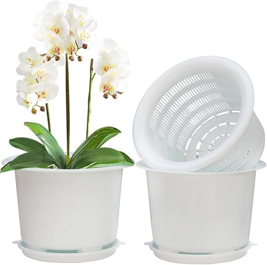 8 Inch Orchid Pots with Holes and Saucers,Double Layer Plastic Large Orchid Planter Pot,Flower Pots for Indoor Outdoor Flower Plants,Orchids,Herbs,Snake Plants and Succulents