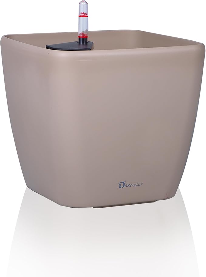 Dexceder 15x14 Self Watering Planter with Wheels Indoor Outdoor, Inner Mat Design, Thickened Large Floor Standing Flower Plant Pot with Water Level Indicator (Taupe Matte)