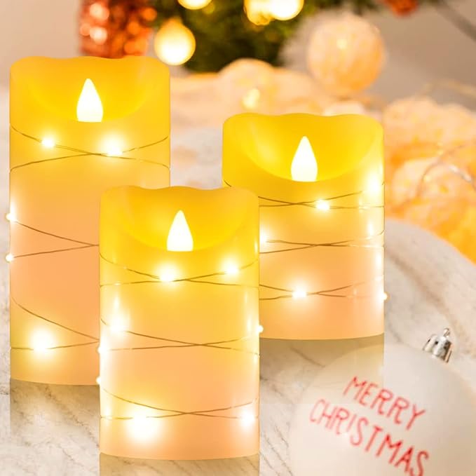 Flameless Flickering Candle, Pillar Candle,with Embedded String Lights,3 Pack LED Romantic Candle with Remote Control, Battery Operated Real Wax, Ideal for Wedding, Home decorand Holiday (Ivory)