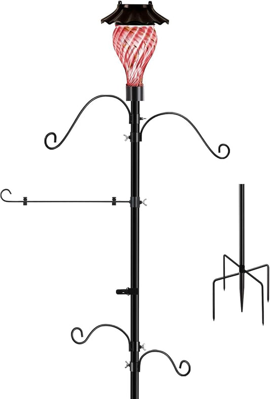 Solar Shepherds Hooks with Hand Blown Glass Lamp, Decorative RGB Lights, 4 Hooks & 1 Flag Holder, Heavy Duty Stand for Hanging Hummingbird Feeder, Bird Feeder, Plant, Garden Path Light (Red)