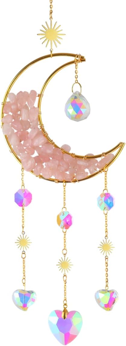 Crystal Suncatcher Hanging Moon Sun Light Catcher with Glass Prisms for Window Natural Pink Crystal Decor Home Indoor Making Rainbows