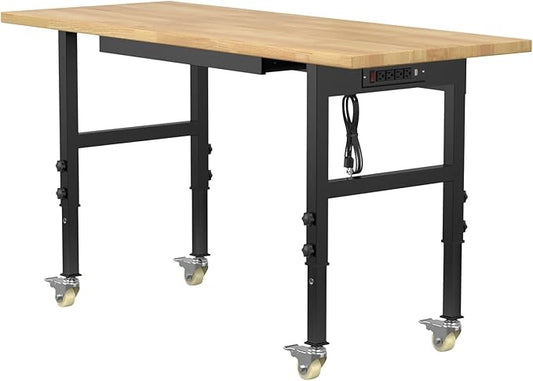 60" Adjustable Workbench,Heavy-Duty Work Table,3000 LBS Load Capacity Hardwood Workstation Outlets with Power Strips, Drawers and Wheels,for Workshop, Garage