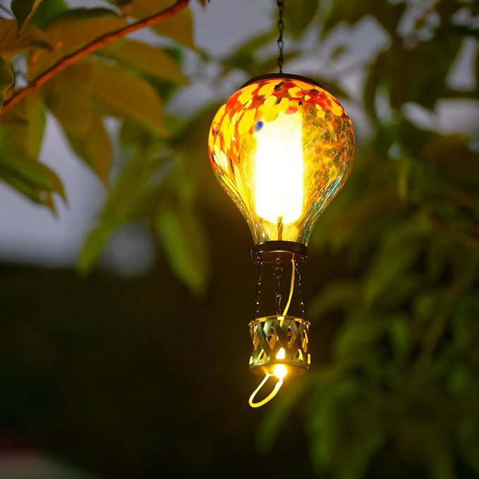 Solar Hot Air Balloon Lantern with Flame, Unique Hot Air Balloon Solar Lanterns with LED Candle Light, Waterproof Outdoor Lanterns Decor for Yard, Patio, Garden, Porch
