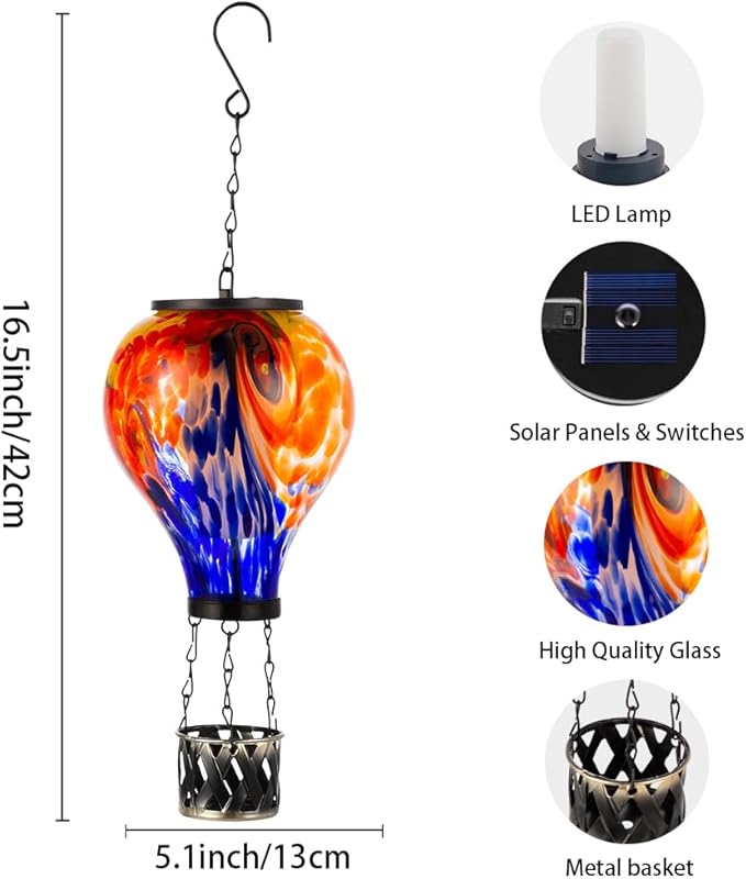 Starsoul Solar Hot Air Balloon Lantern with Flame Tie-Dye Style Hot Air Balloon Lamp Glass Outdoor Solar Hanging Lantern Waterproof for Garden Yard Patio