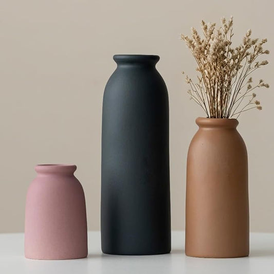 Ceramic Vase Set-3, Small Flower Vases for Decor, Modern Boho Farmhouse Style, Decorative Vases for Pampas Grass & Dried Flowers, Distressed Finish (Light Coffee)