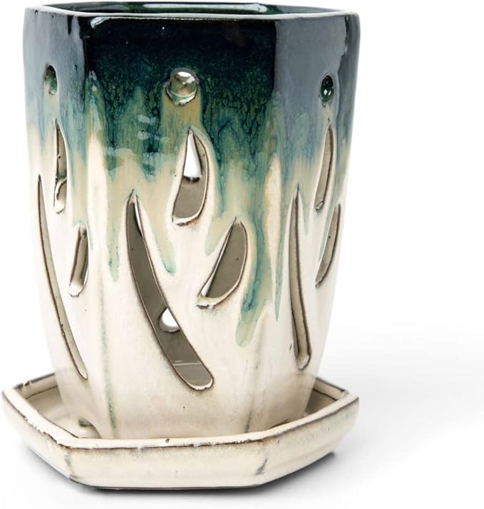 rePotme 4 x 6 inch Ceramic Orchid Pot (Evergreen Emerald Over Cream) - Hexagon Orchid Pot with Holes