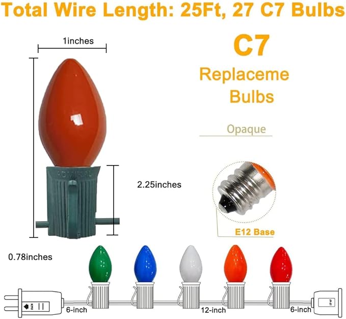 Abeja 25FT Outdoor C7 Multicolor Light, Vintage Christmas String Lights with 27 Multicolor Ceramic Bulbs (2 Spare), Hanging Christmas Lights for Outdoor Xmas Patio Wedding Party Garden Decor