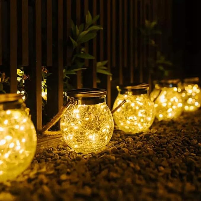Solar Crackle Glass Hanging Lanterns, 5.5 in Height, IP65 Waterproof, 30 LED Lights, 2-Pack, Warm White