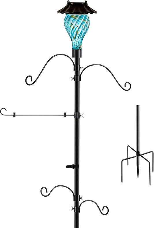 Solar Shepherds Hooks with Hand Blown Glass Lamp, Decorative RGB Lights, 4 Hooks & 1 Flag Holder, Heavy Duty Pole for Hanging Hummingbird Feeder, Bird Feeder, Wind Chime, Plant, Lantern (Teal)