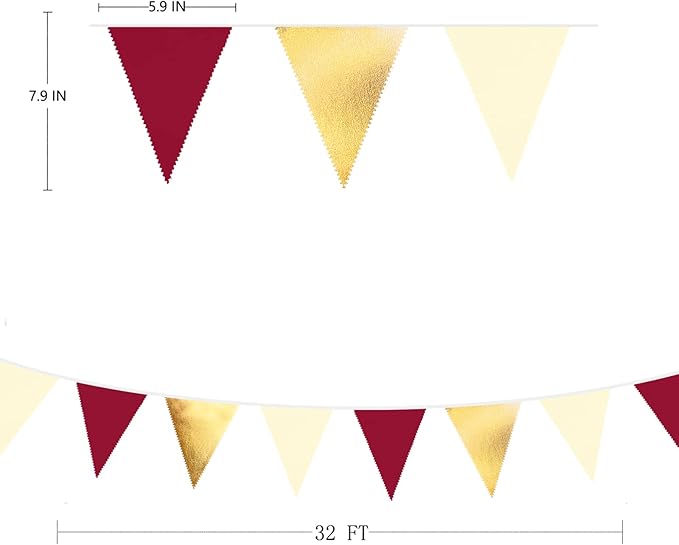 Burgundy Party Decorations Gold Maroon Beige Fabric Triangle Pennant Banner Garnet Flag Bunting Garland for Graduation Wedding Birthday Bridal Shower Bachelorette Anniversary Engagement Party Supplies
