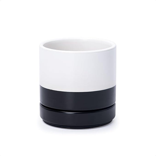 D'vine Dev 4.6 Inch Ceramic Planter Pot with Drainage Hole and Saucer, Indoor Cylinder Round Planter Pot, Layered Monochrome Black & White, 94-O-B-L