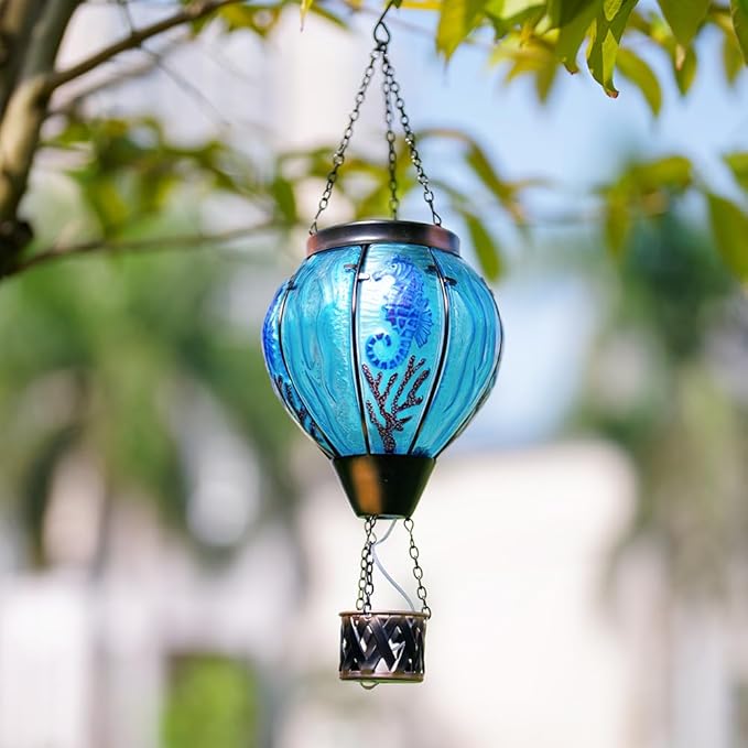 Seahorse Solar Hot Air Balloon Lantern with Flame Flickering Light,Glass Hot Air Balloon Solar Lanterns Outdoor Waterproof Hanging Outdoor Lights for Yard,Patio,Porch Garden Gift for Women
