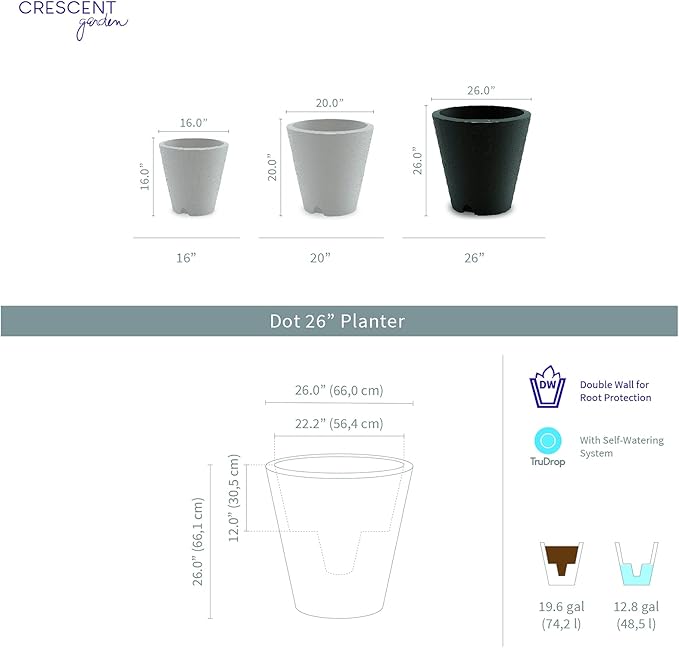 Crescent Garden Dot TruDrop Indoor/Outdoor Planter, Self-Watering Plant Pot, 26 Inches, (Ash)
