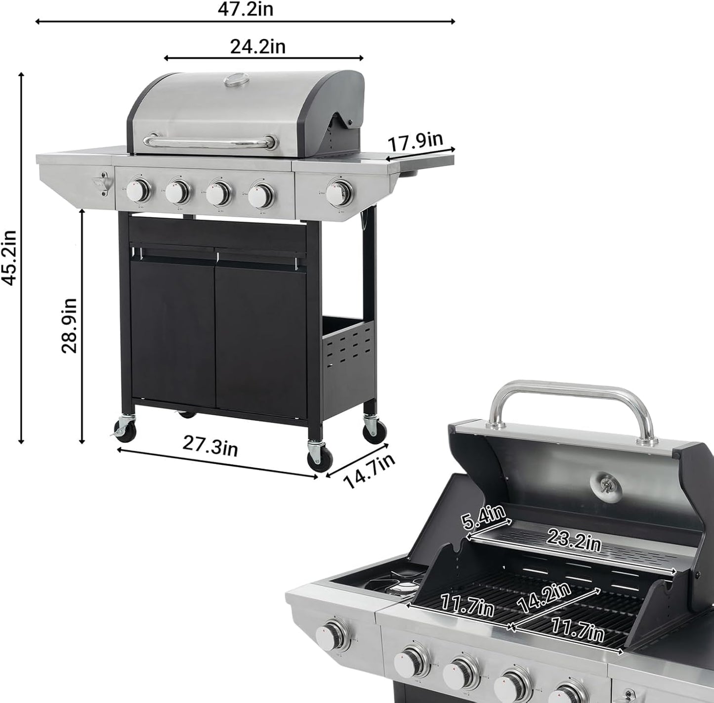 Endark 4-burner propane gas grill | Stainless steel construction | Dual side racks and wheels | Designed for patio, garden, and backyard cooking
