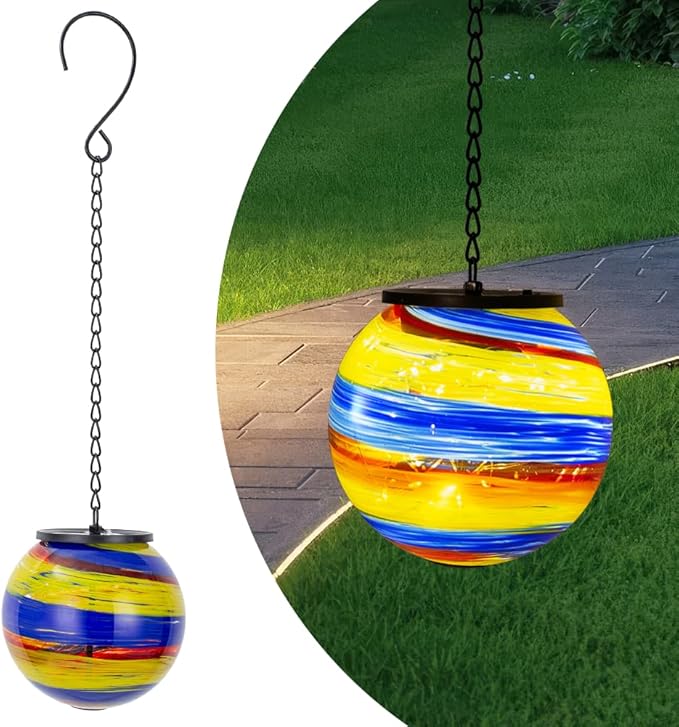 Colorful Hanging Solar Lanterns Outdoor Waterproof 4.7" Glass Solar Golbe Lights with Metal Chain,Gazing Ball Garden Decorative Lanterns for Patio Pathway Porch Yard Decor