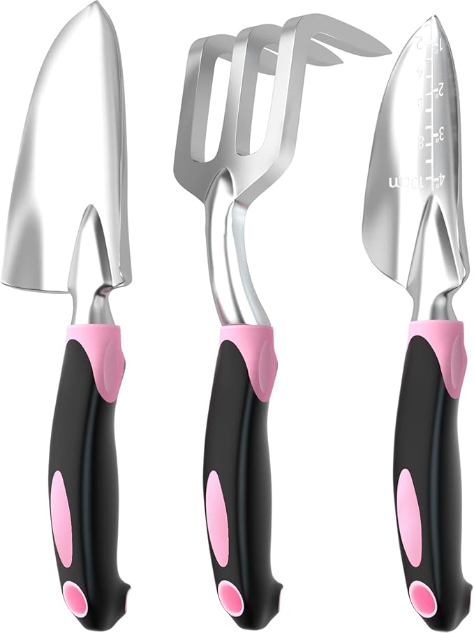 Garden Tool Set SOYUS Heavy Duty 3 Piece Gardening Hand Tools Aluminum Garden Shovel for Planting Hand Trowel Cultivator Rake with Ergonomic Non-Slip Rubber Grip Pink Gardening Gifts for Women