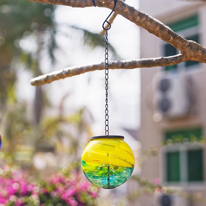 Hanging Solar Lanterns Outdoor Waterproof, Gazing Ball Globe Solar Lantern, Hanging Glass Lantern for Garden Yard Tree Outdoor Decoration