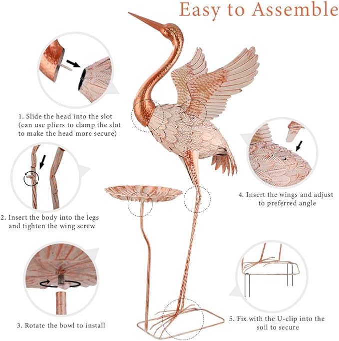 Crane Garden Statue with Birdbath, 40'' Heron Garden Statue, Crane Metal Yard Art for Outside, Backyard, Lawn, Porch Decor