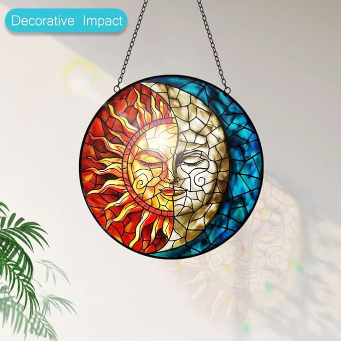 Sun and Moon Stained Glass Suncatchers for Windows Hanging - Celestial Decor Sun Catchers Valentines Day Gifts for Him Her - Handmade Wall Art Home Garden Stain Glass Window Suncatcher with Hooks