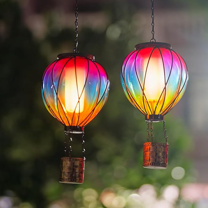Hot Air Balloon Solar Lantern, 2 Pcs Solar Hot Air Balloon with Flickering Flame, Hanging Outdoor Lantern Waterproof Decor for Patio, Garden, Porch
