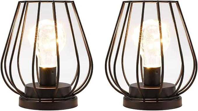TRIROCKS Set of 2 Metal Battery Operated Lamp 7'' Tall Mini Cage Shape Cordless Table Lamp Battery Lanterns with Warm Fairy Lights Bulb for Patio Garden Wedding Parties Indoor Outdoor(Black)