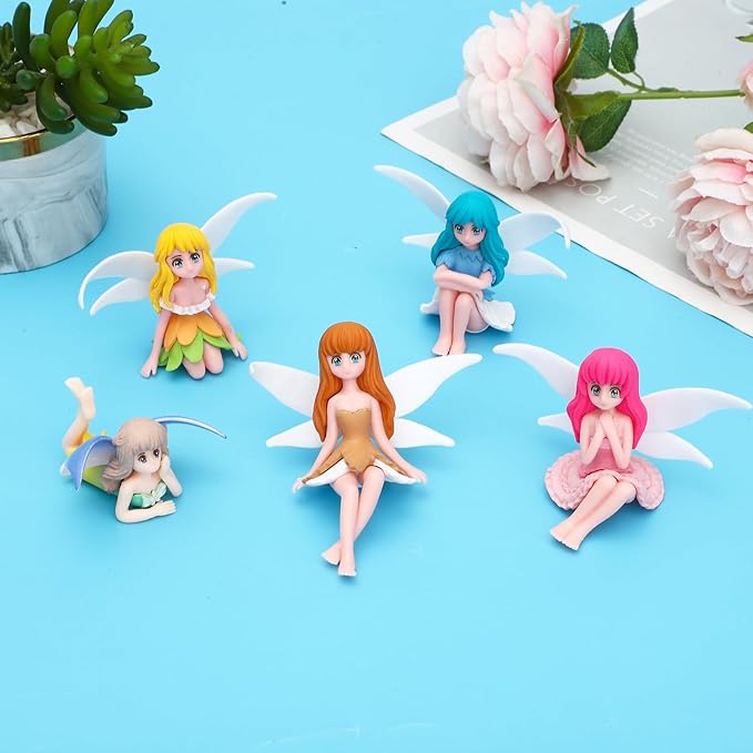 ONEST 5 Pieces Miniature Fairy Garden Accessories Small Fairy Figurines Hand Painted Fairy Figures Girl Fly Wing Figurines for Car Decor Fairy Garden Flower Pot Birthday Cake Topper