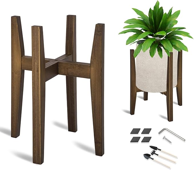 OERGKE Adjustable Plant Stand, Bamboo Mid Century Modern Indoor Plants Stands, Corner Flower Holder for Living Room, Fits 8 to 12 Inches Pots, (Pot & Plant Not Included)(Walnut, 1 Pack)