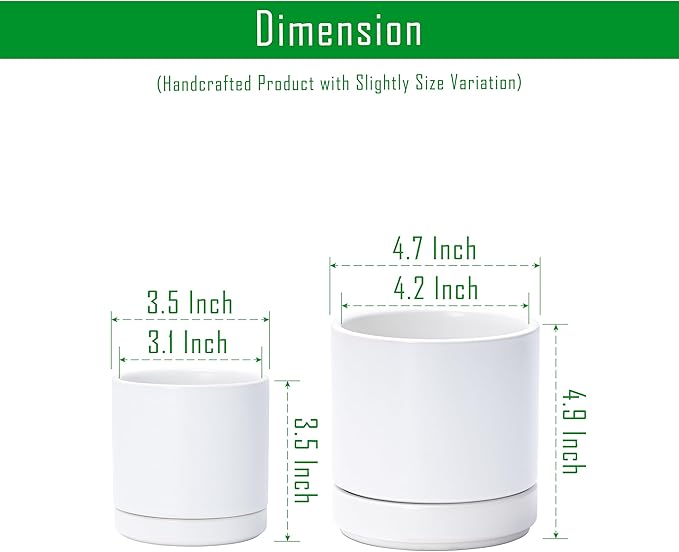 D'vine Dev 3.5 Inch & 4.7 Inch Ceramic Planter Pots for Plants with Drainage Hole and Saucer, X-Small Plant Pots Set, White, 94-G-XS-1
